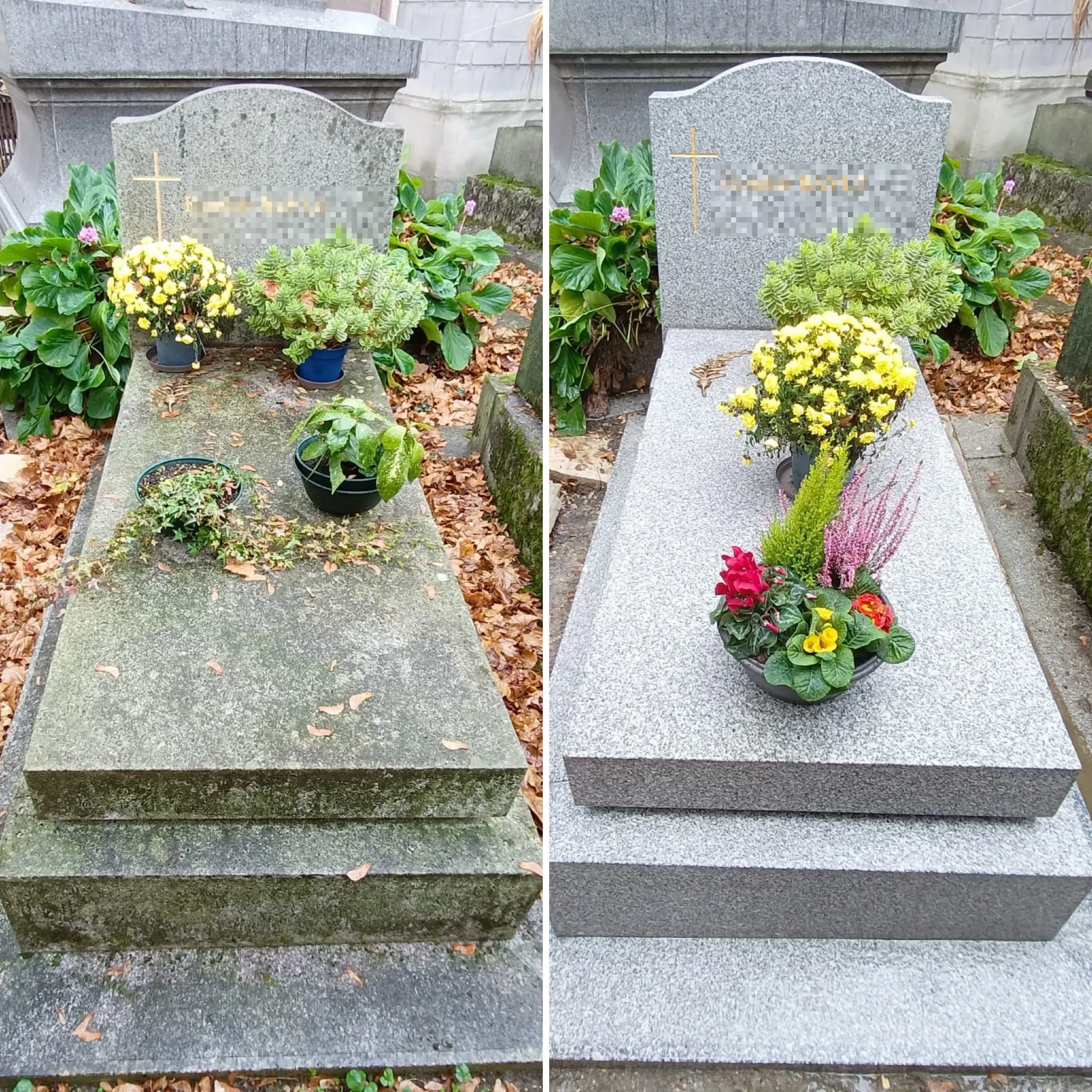 Tombe en granit nettoyée et fleuri: avant (gauche) avec pots et mousse; après (droite) avec composition florale colorée et prière croix gravée.