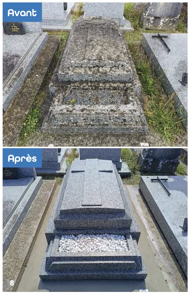 Avant et Après: tombe rénovée avec surface nettoyée et remplissage de gravier blanc dans le caveau funéraire. Avant et Après: tombe rénovée avec surface nettoyée et remplissage de gravier blanc dans le caveau funéraire.