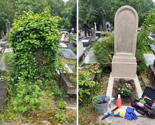 Outils de nettoyage professionnels pour l'entretien de tombe à distance en France.