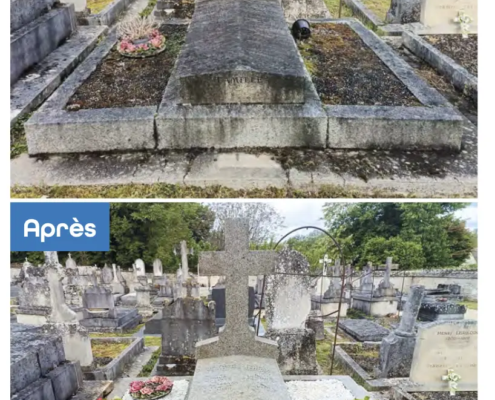 Tombe de famille avant/après nettoyage et fleurissement dans un cimetière, avec croix centrale et vasques de fleurs pavoisées.