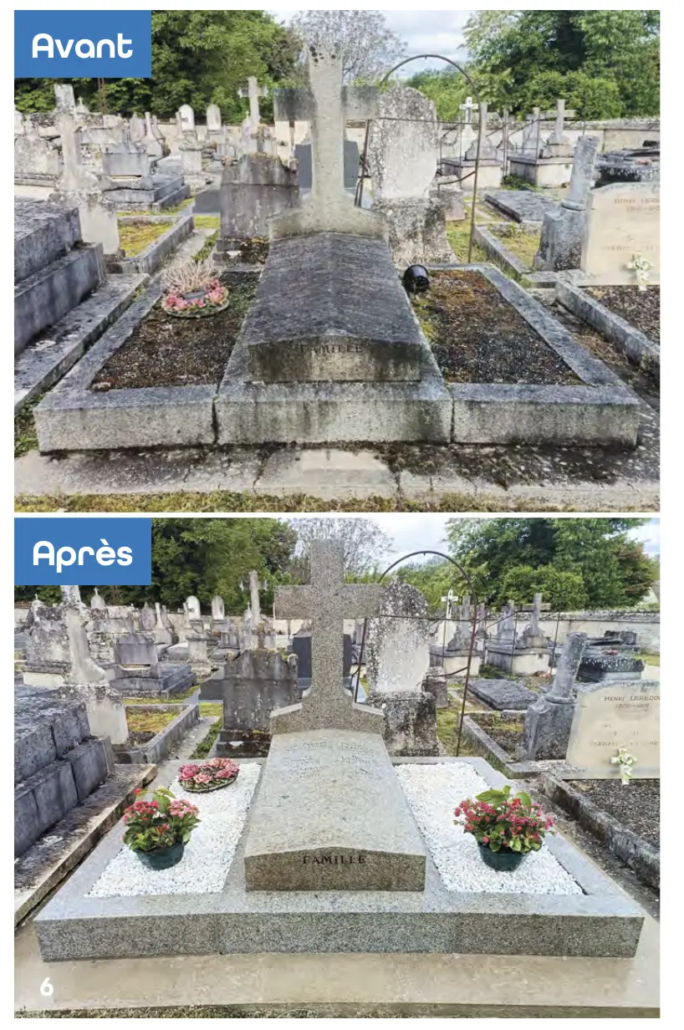 Tombe de famille avant/après nettoyage et fleurissement dans un cimetière, avec croix centrale et vasques de fleurs pavoisées.