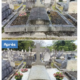 Tombe de famille avant/après nettoyage et fleurissement dans un cimetière, avec croix centrale et vasques de fleurs pavoisées.