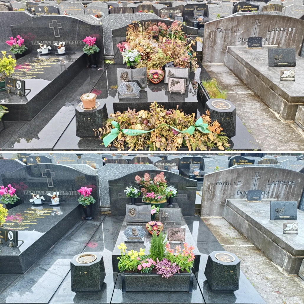 Tombe en pierre noire et monuments funéraires withered flowers avant/après nettoyage et fleurissement, vase et plates-formes gravées, bouquets colorés sur tombe.