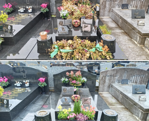 Tombe en pierre noire et monuments funéraires withered flowers avant/après nettoyage et fleurissement, vase et plates-formes gravées, bouquets colorés sur tombe.