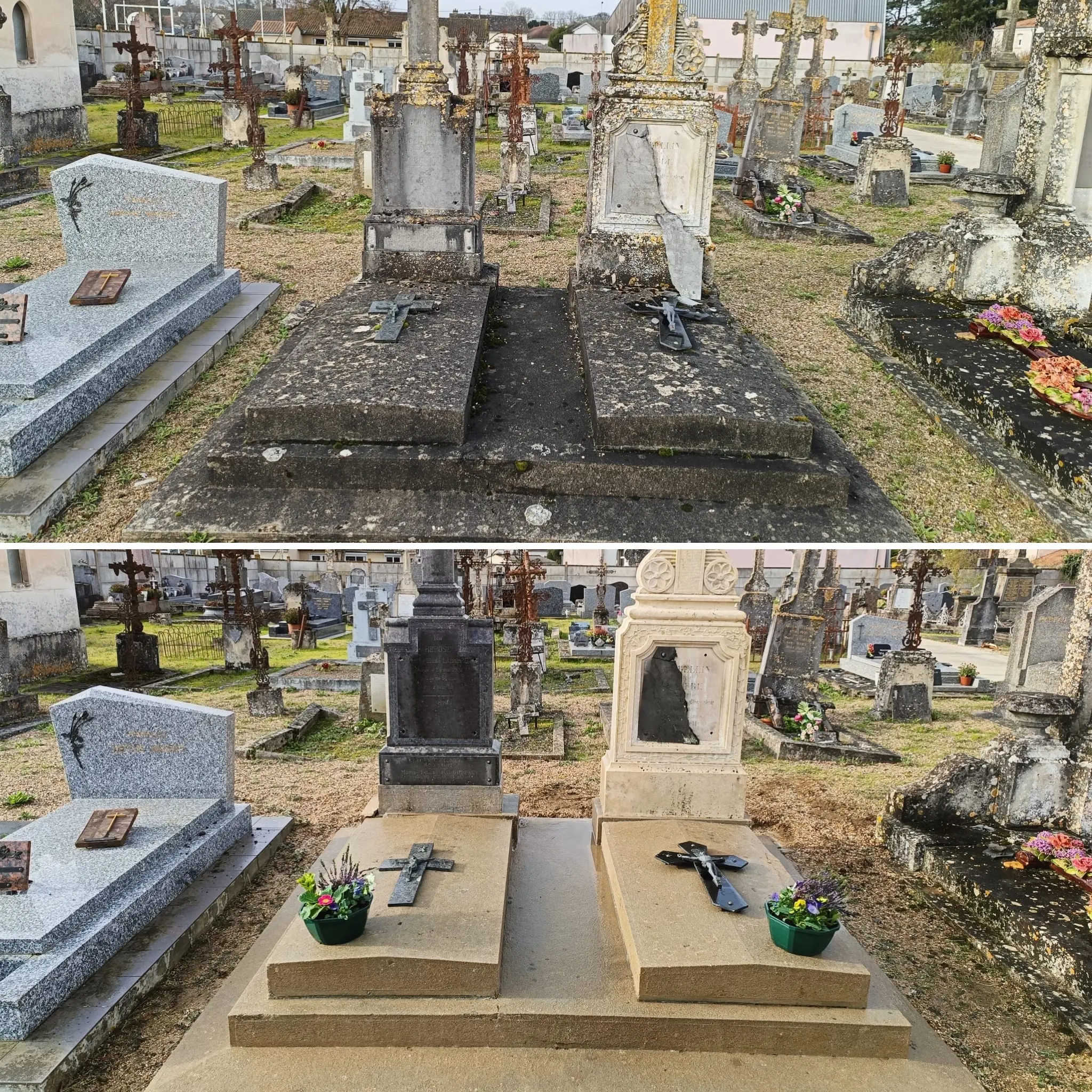 Vue d’un cimetière avec deux tombes adjacentes remodelées: avant (haut) tombes en pierre sombre sales; après (bas) tombes rénovées en pierre claire avec crucifix, petites pots de fleurs et cheminnettes propres.