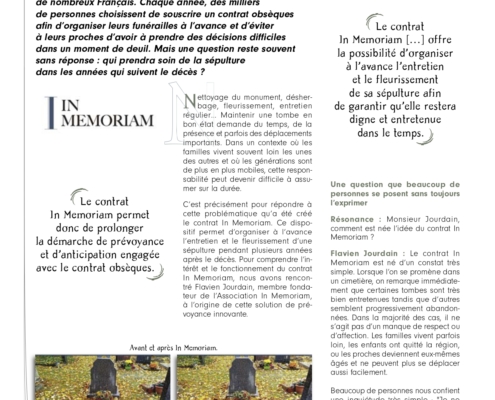 Article Funéraire Magazine : Contrat In Memoriam – L'art d'anticiper l'entretien de sa sépulture pour protéger sa mémoire. Partenaire officiel : En sa mémoire.