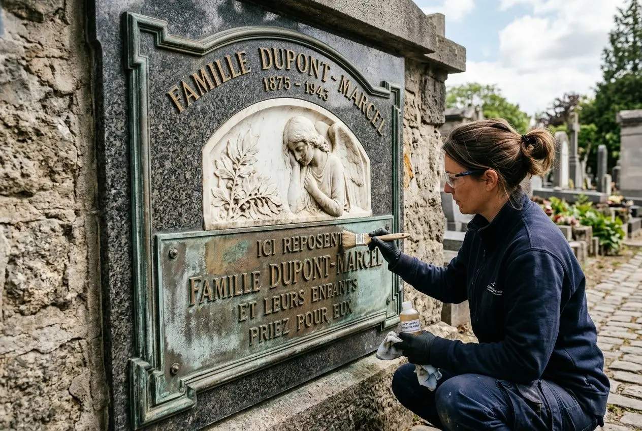 Plaque funéraire en pierre, une artisanau travail nettoyant la surface avec brosse douce et gants, dans un cimetière.