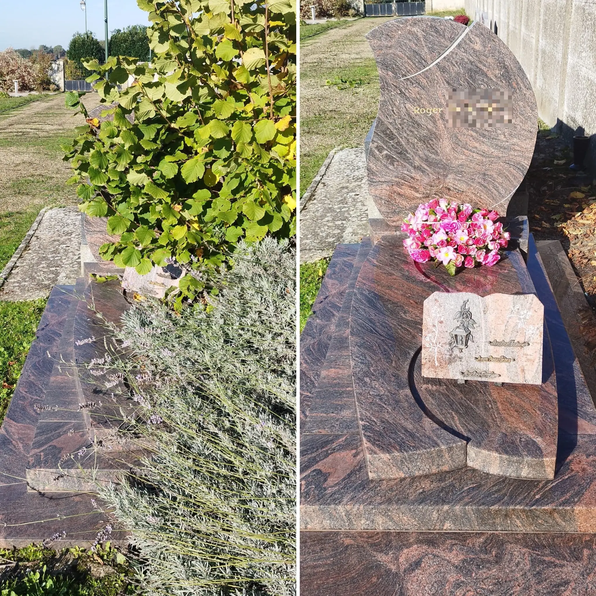 Tombe bien entretenue avec carré floral et marbre rose, décorée d’un bouquet de roses et d’un petit plaque gravée; presence de végétation autour.