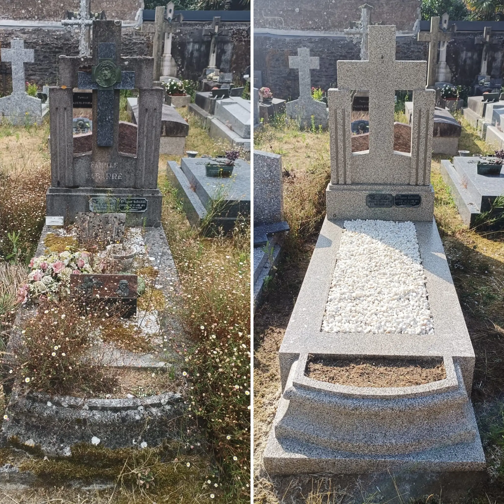 Tombe cimentée en pierre avec croix et plaque, avant et après entretien: left est recouverte de fleurs sauvages; right, nettoyage et gravier blanc, parterre nets.