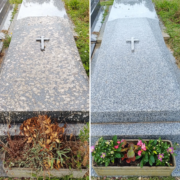 Tombes jumelées avant/après lavage : dalle funéraire en granit avec croix, façade nettoyée et fleurs fraîches dans le végétal du socle.