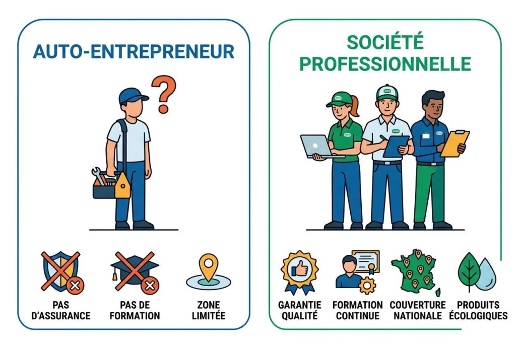 Alt: Pourquoi les sociétés sont plus sûres que les indépendants pour nettoyer une sépulture, infographic comparant auto-entrepreneur et société professionnelle.