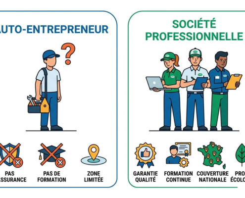 Alt: Pourquoi les sociétés sont plus sûres que les indépendants pour nettoyer une sépulture, infographic comparant auto-entrepreneur et société professionnelle.