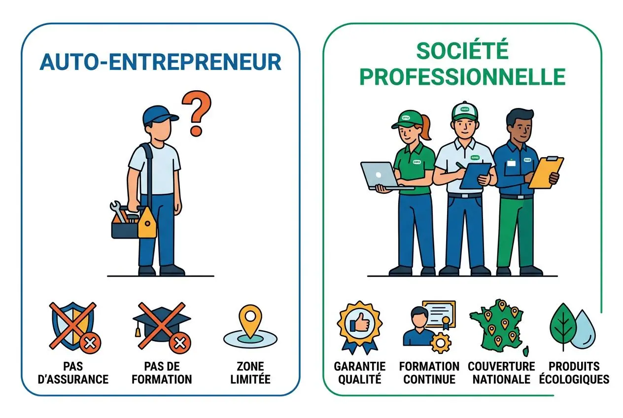 Alt: Pourquoi les sociétés sont plus sûres que les indépendants pour nettoyer une sépulture, infographic comparant auto-entrepreneur et société professionnelle.