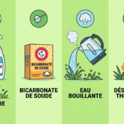 Alt text: Illustration en quatre volets montrant des solutions de désherbage: vinaigre + sel, bicarbonate de soude, eau bouillante et désherbage thermique, avec les étiquettes correspondantes.