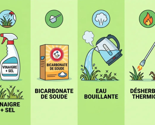 Alt text: Illustration en quatre volets montrant des solutions de désherbage: vinaigre + sel, bicarbonate de soude, eau bouillante et désherbage thermique, avec les étiquettes correspondantes.