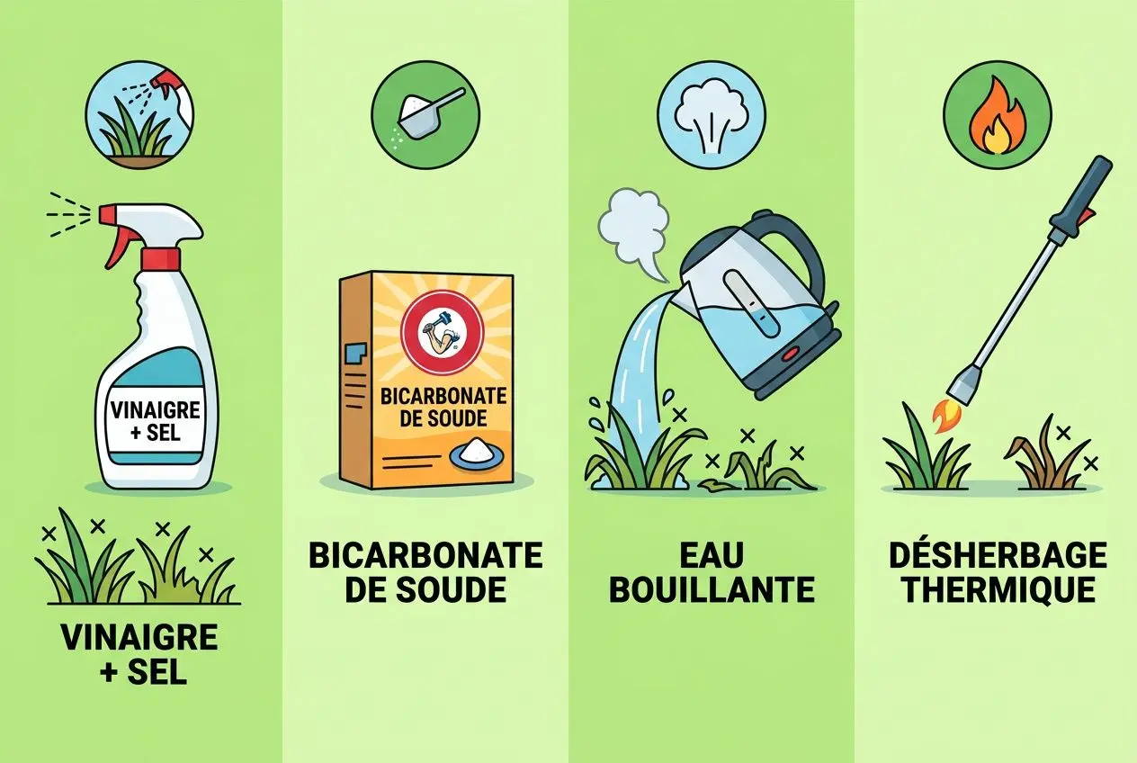 Alt text: Illustration en quatre volets montrant des solutions de désherbage: vinaigre + sel, bicarbonate de soude, eau bouillante et désherbage thermique, avec les étiquettes correspondantes.