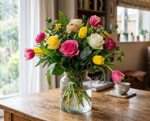 Bouquet coloré de fleurs coupées dans un vase en verre sur une table en bois, intérieur lumineux. conservation fleurs coupées, bouquet frais et fleurissement domestique.