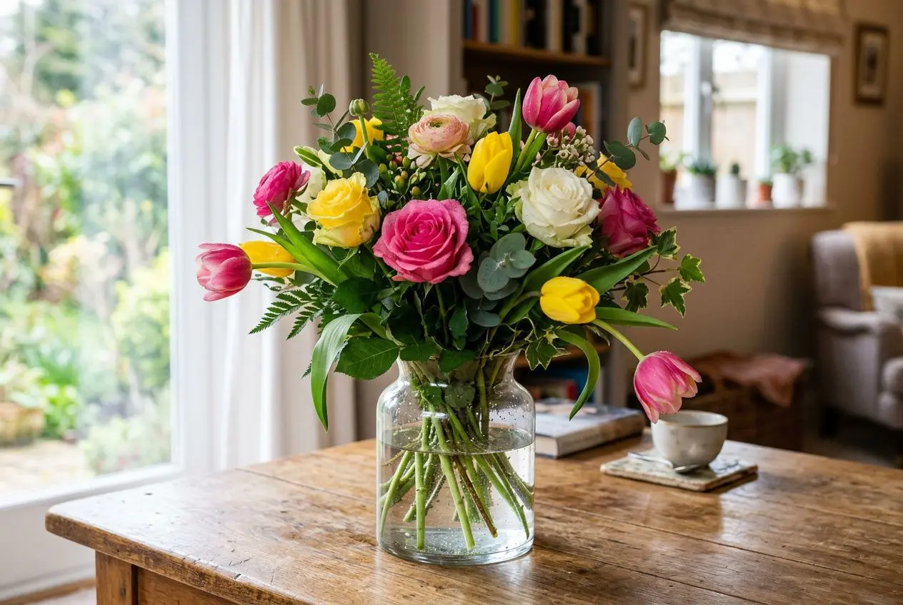 Bouquet coloré de fleurs coupées dans un vase en verre sur une table en bois, intérieur lumineux. conservation fleurs coupées, bouquet frais et fleurissement domestique.