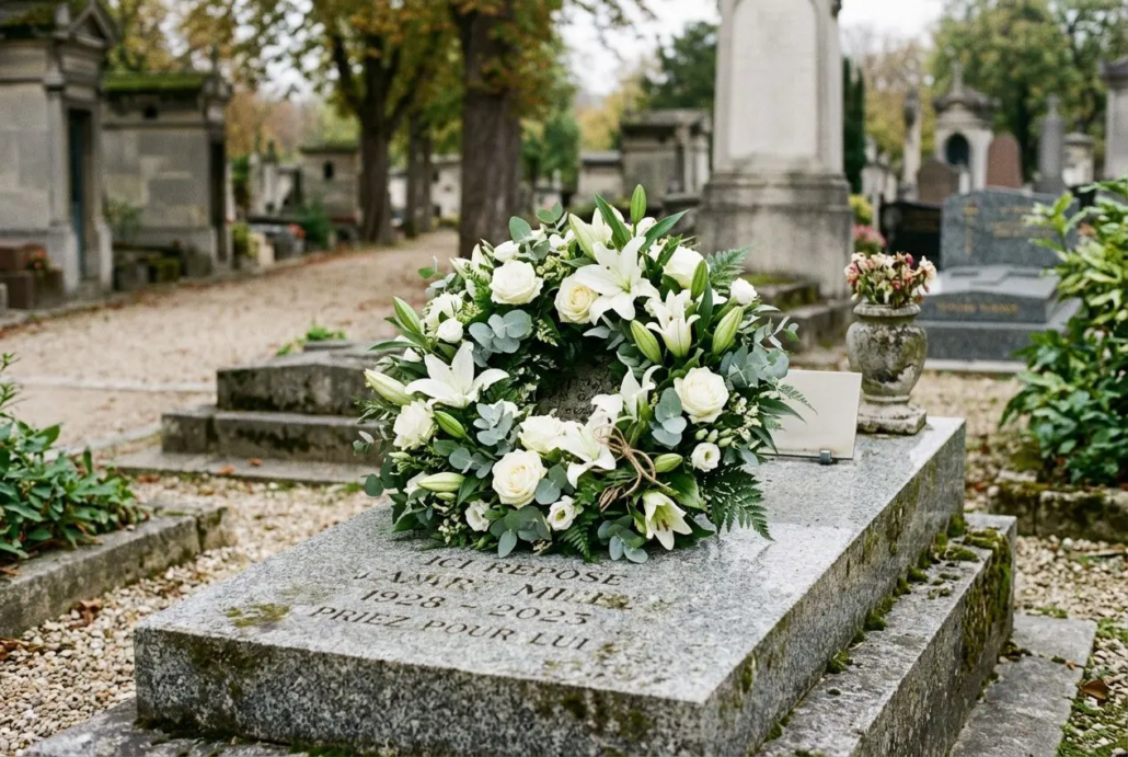 Couronne deuil blanche posée sur une pierre tombale dans un cimetière, entourée de verdure et de pierres tombales.