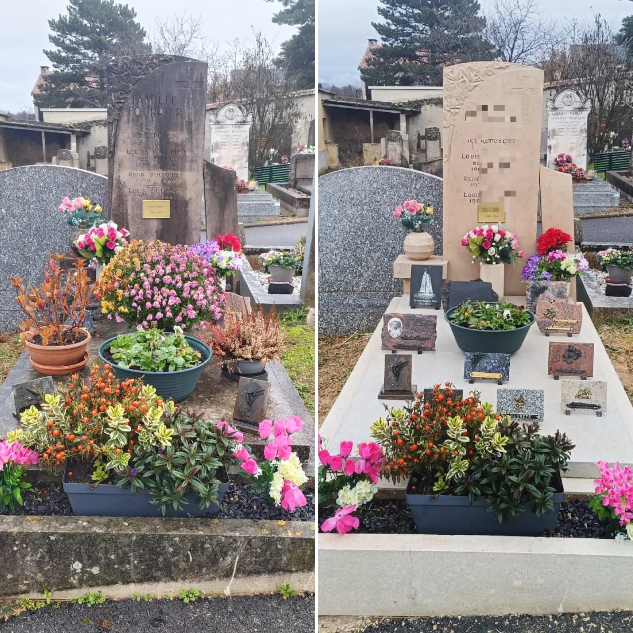 Deux tombes décorées avec des jardinières et fleurs variées sur et autour des monuments funéraires. On voit des pots colorés, des bouquets et des plantes vertes disposés de part et d’autre, avec une tombe en pierre sombre à gauche et une autre en pierre claire à droite.