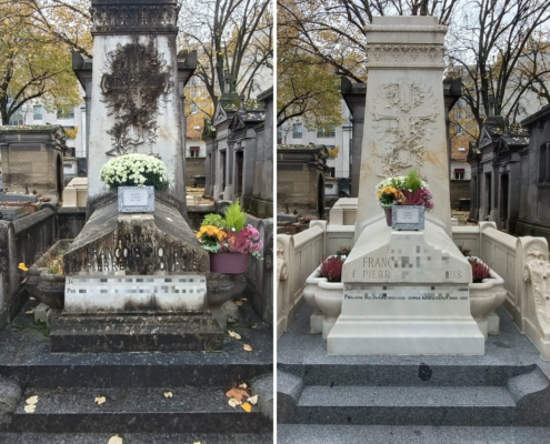 Deux tombes décrépies rénovées: avant (à gauche) et après (à droite) avec nouveau monument en pierre, fleurs fraîches sur la tombe et pot de plantes.