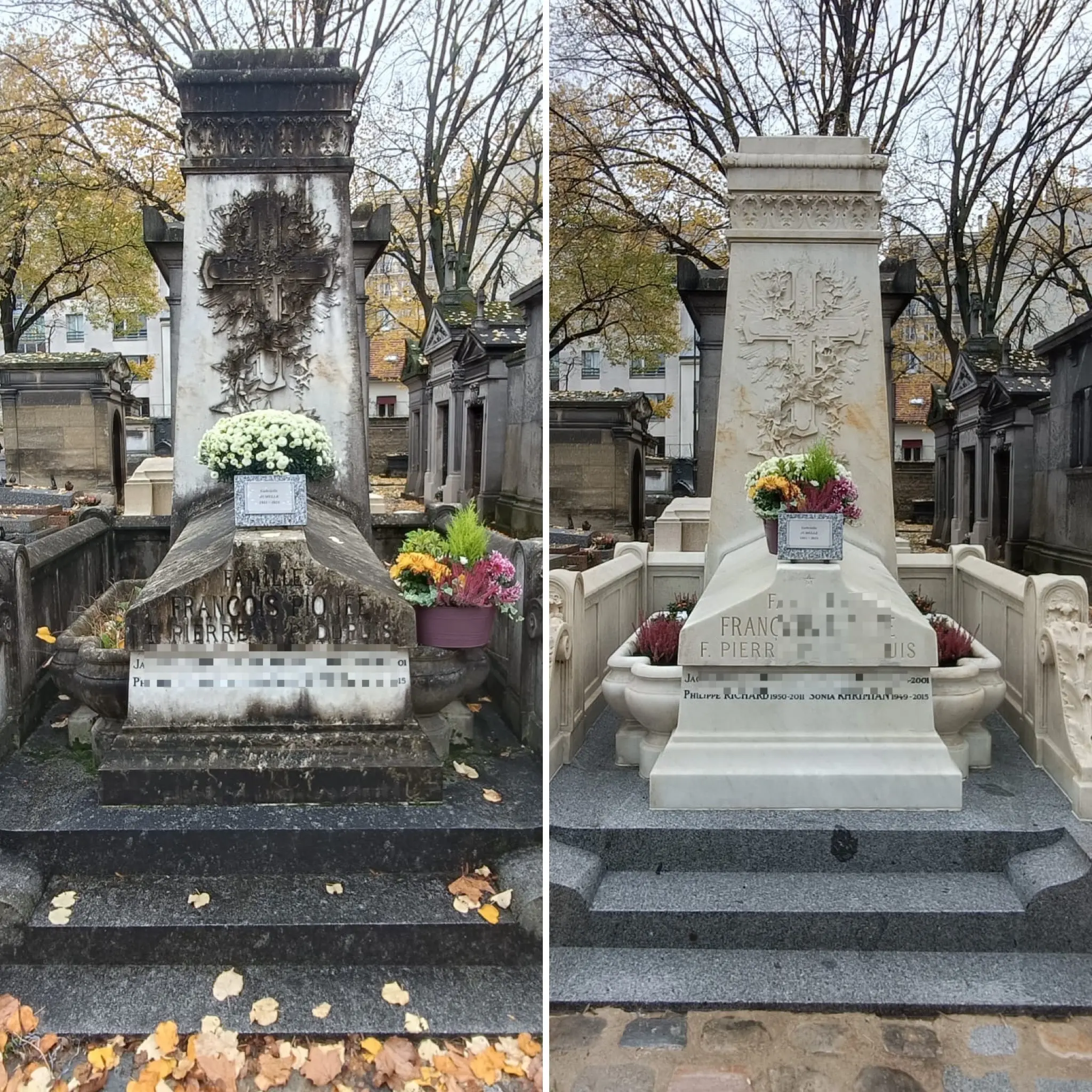 Deux tombes décrépies rénovées: avant (à gauche) et après (à droite) avec nouveau monument en pierre, fleurs fraîches sur la tombe et pot de plantes.