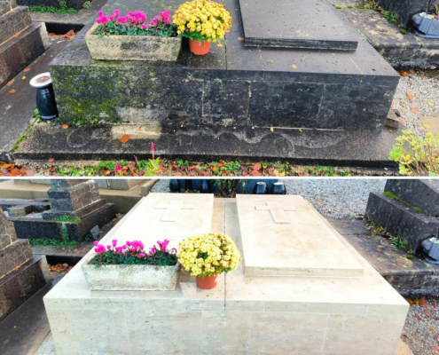 Deux tombes nettoyées et fleuries: jardinière de fleurs roses et jaune sur la dalle, avant et après nettoyage écologique des monuments funéraires.