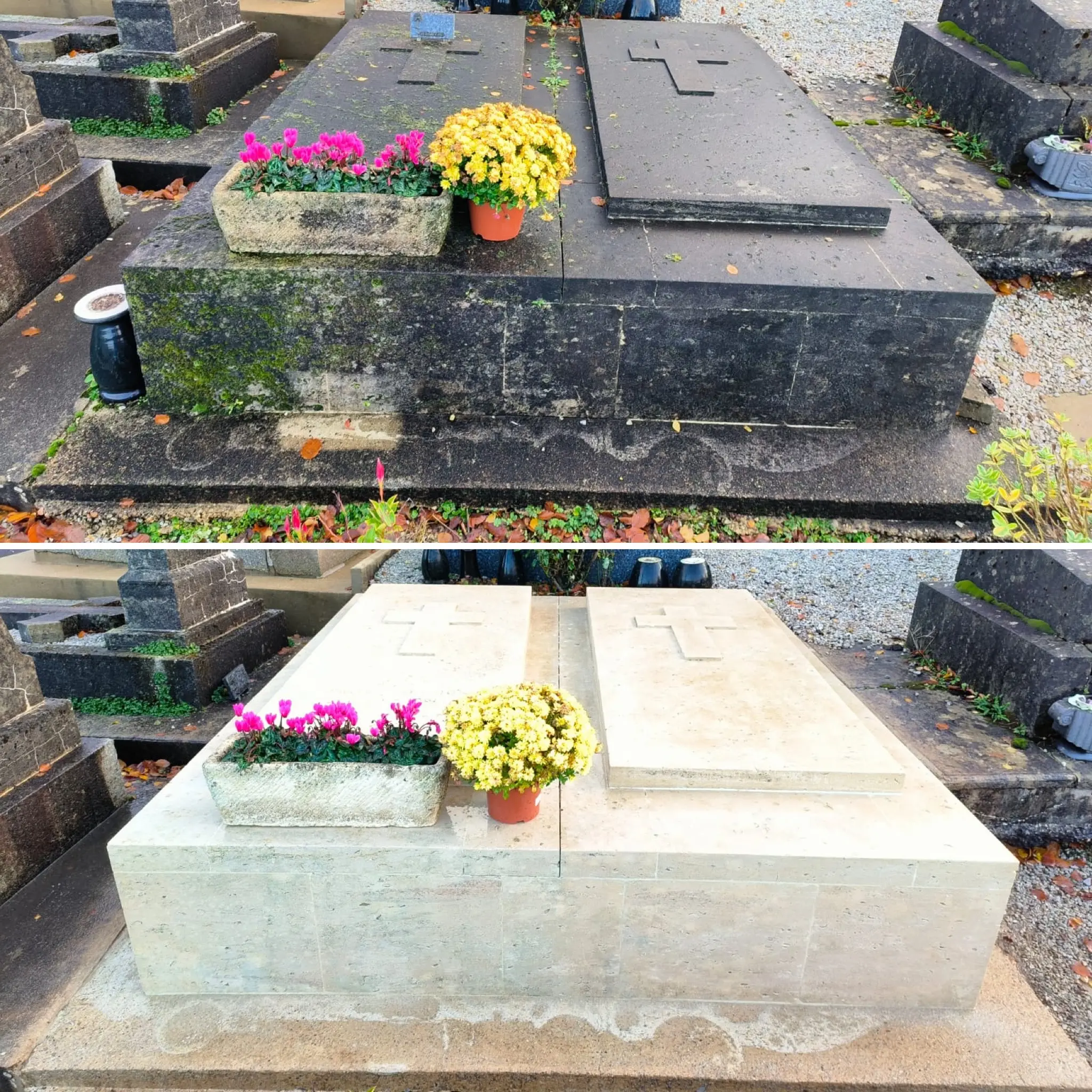 Deux tombes nettoyées et fleuries: jardinière de fleurs roses et jaune sur la dalle, avant et après nettoyage écologique des monuments funéraires.