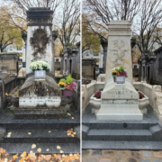 Deux tombes en pierre calcaire avant/après nettoyage: façade vieillie à gauche, surface plus claire et propre à droite avec couronnes florales.