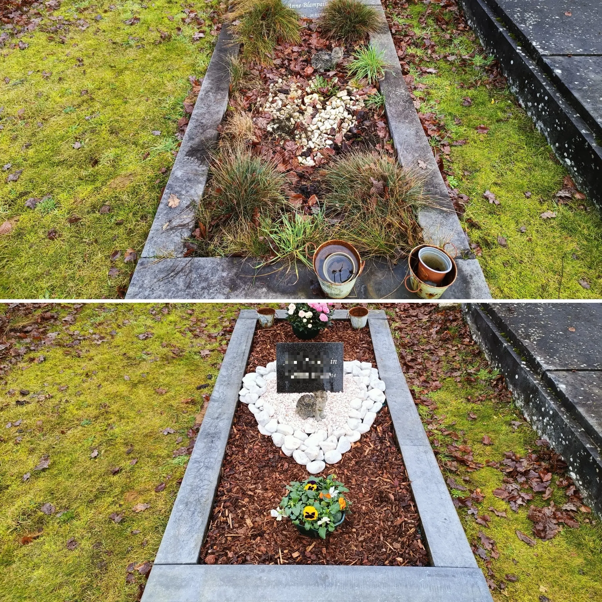 Entretien de tombe avant/après: jardinière rectangulaire rafraîchie avec gravier, galets blancs et plantes, tableau et fleurs neuves en bas. Entretien de tombe avant/après: jardinière rectangulaire rafraîchie avec gravier, galets blancs et plantes, tableau et fleurs neuves en bas.