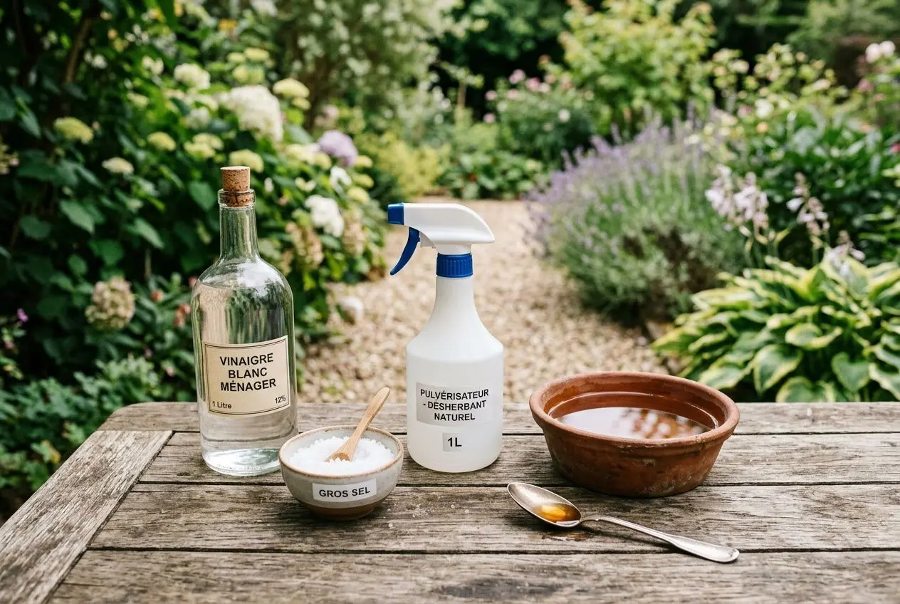 Flacon de vinaigre blanc et pulvérisateur “désherbant naturel” sur table en bois, assiette de sel et cuillère prête pour recettes maison.