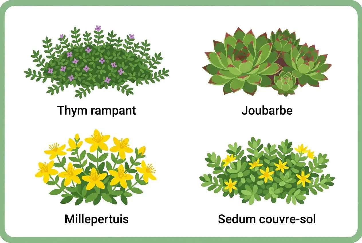 Meilleures plantes pour tombe résistantes à la chaleur et à la sécheresse: thym rampant, joubarbe, millepertuis, sedum couvre-sol affichées.