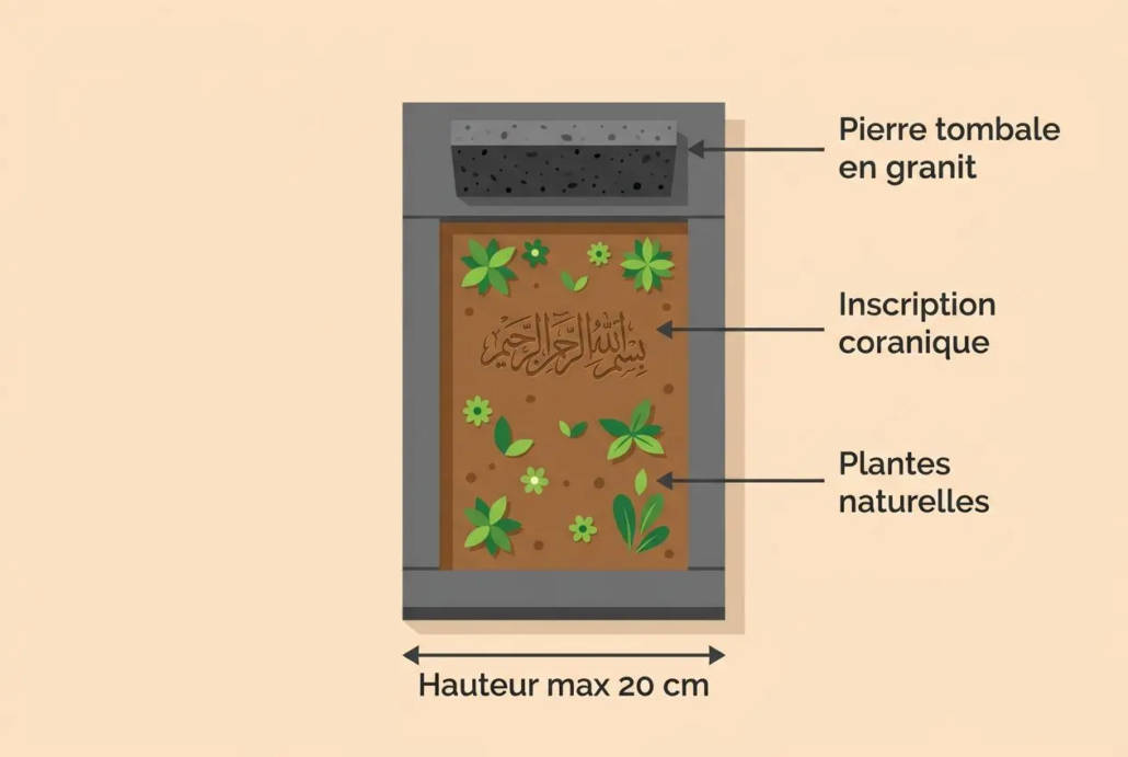 Pierre tombale en granit avec inscription coranique et plantes naturelles, hauteur max 20 cm, illustration guide entretien tombe islam.