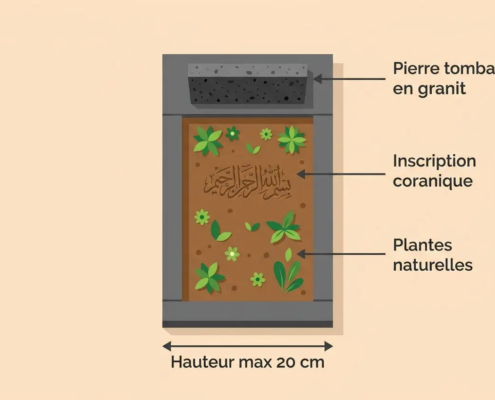 Pierre tombale en granit avec inscription coranique et plantes naturelles, hauteur max 20 cm, illustration guide entretien tombe islam.