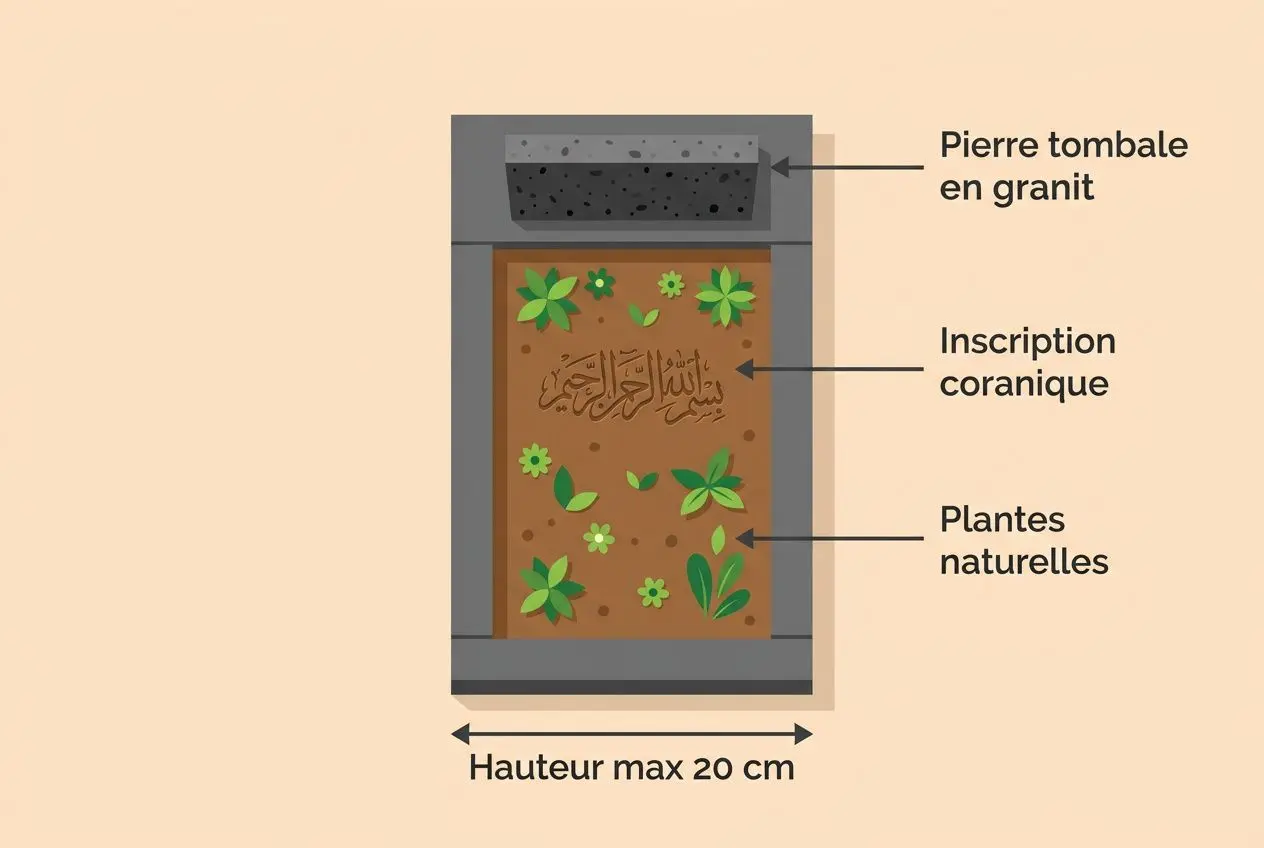 Pierre tombale en granit avec inscription coranique et plantes naturelles, hauteur max 20 cm, illustration guide entretien tombe islam.