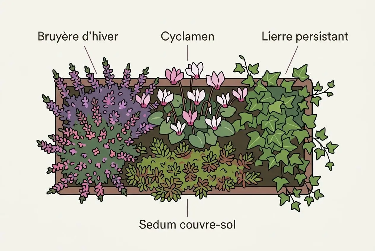 Planche florale pour tombe: bruyère d’hiver, cyclamen, lierre persistant et sedum couvre-sol.