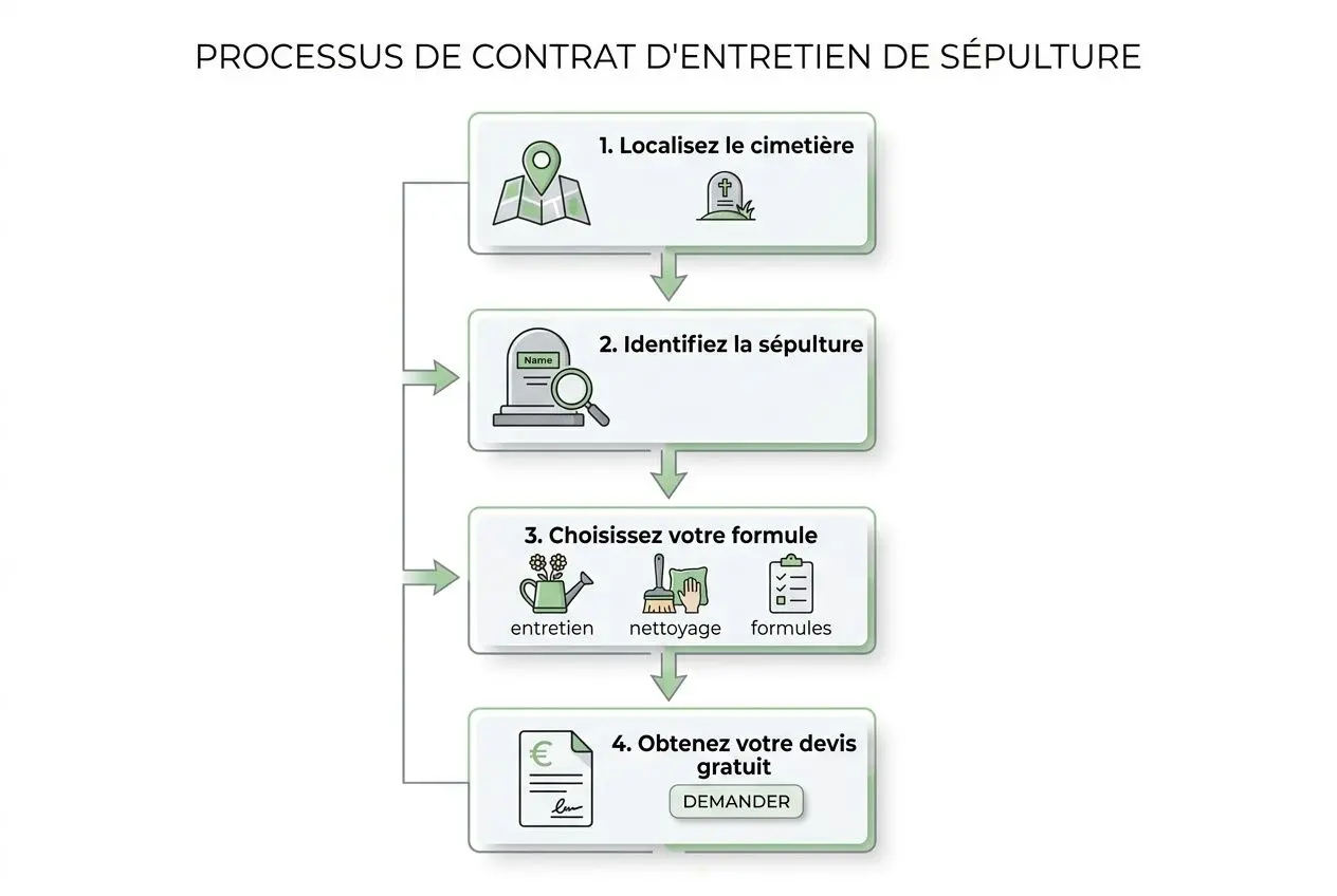 Processus de contrat d'entretien de tombe: localisez le cimetière, identifiez la sépulture, choisissez une formule (entretien, nettoyage, formules) et obtenez un devis gratuit. meilleur prix entretien tombe.