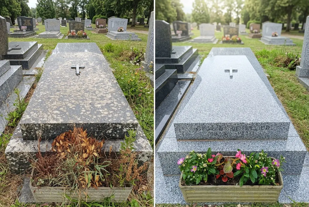 Tombe avant/après nettoyage : surface gravée avec croix, herbes et salissures sur la première tombe, tombant rétablissement net et fleurs fraîches sur la seconde. Poignée visuelle de contraste. Mot-clé intégré: pourquoi les sociétés sont plus sûres que les indépendants pour nettoyer une sépulture.