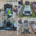 Tombe décorée avec des fleurs artificielles et des plantes dans une tombe en granit, vues sous plusieurs angles dans un cimetière, feuilles mortes au sol.