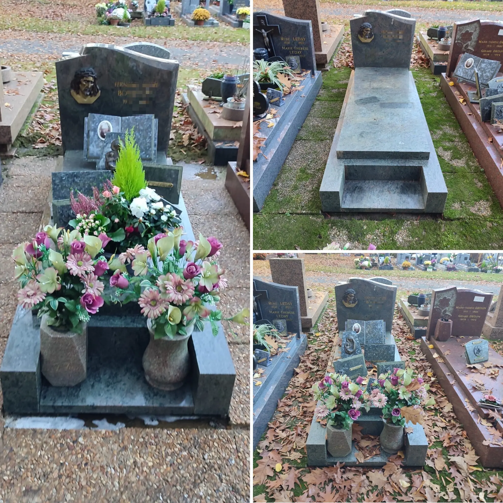 Tombe décorée avec des fleurs artificielles et des plantes dans une tombe en granit, vues sous plusieurs angles dans un cimetière, feuilles mortes au sol. Tombe décorée avec des fleurs artificielles et des plantes dans une tombe en granit, vues sous plusieurs angles dans un cimetière, feuilles mortes au sol.