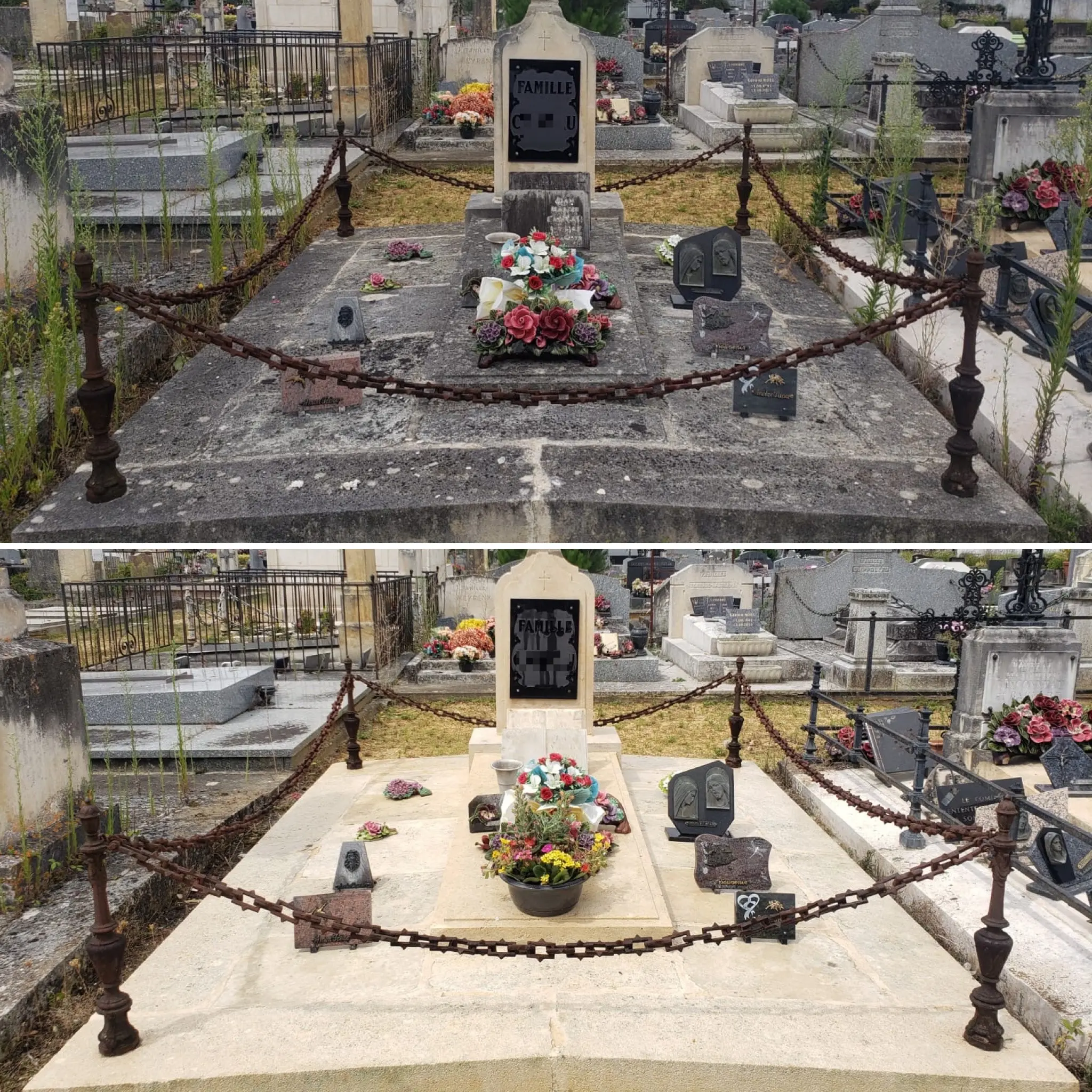 Tombes et monuments funéraires dans un cimetière, chaîne de protection autour des pierres, fleurs colorées au centre. Tombes et monuments funéraires dans un cimetière, chaîne de protection autour des pierres, fleurs colorées au centre.