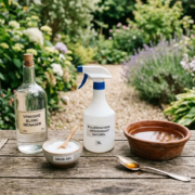 Vinaigre blanc et gros sel pour désherber, accompagné d’un spray pulvé et bol en bois sur une table en bois extérieure.