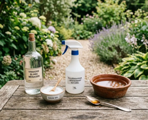 Vinaigre blanc et gros sel pour désherber, accompagné d’un spray pulvé et bol en bois sur une table en bois extérieure.