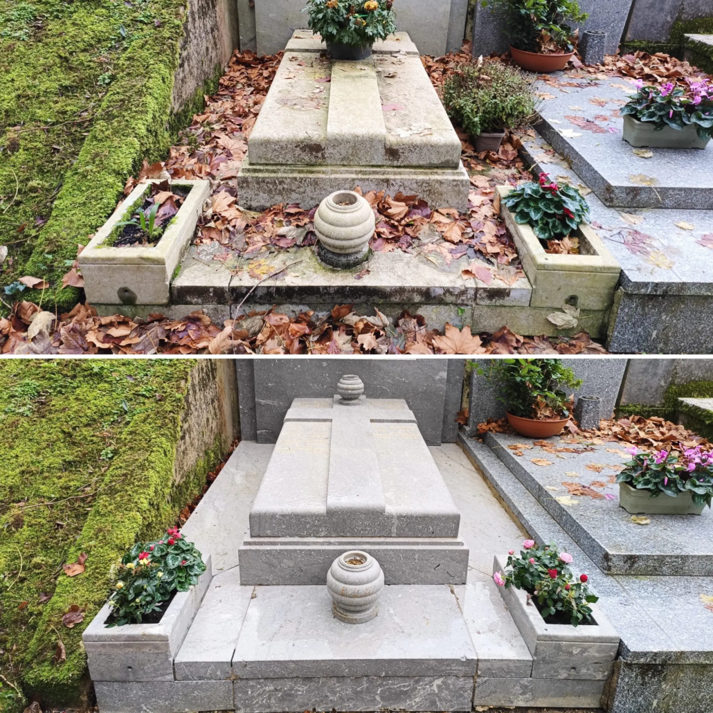 Avant-après: nettoyage et fleurissement d'une tombe avec pierres grises, jardinières et plantes saisonnières entourant le socle central. feuilles mortes évacuées.