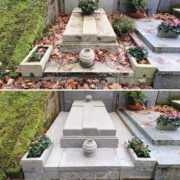 Avant-après: nettoyage et fleurissement d'une tombe avec pierres grises, jardinières et plantes saisonnières entourant le socle central. feuilles mortes évacuées.