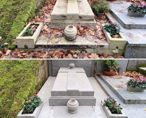 Avant-après: nettoyage et fleurissement d'une tombe avec pierres grises, jardinières et plantes saisonnières entourant le socle central. feuilles mortes évacuées.