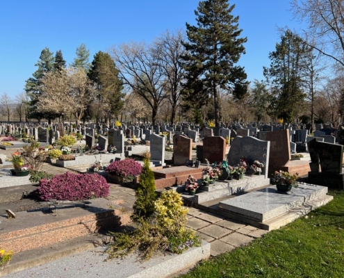Cimetière avec de nombreuses tombes gravées, allées pavées et arbres en arrière-plan, fleurs et jardinières colorées sur les monuments.