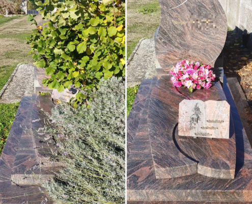 Concession cimetière à perpétuité : tombe en pierre sombre avec vase et bouquet de fleurs, entourée de végétation et inscriptions gravées.