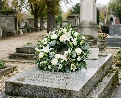 Couronne funéraire blanche sur une tombe gravée, cimetière verdoyant en arrière-plan.