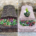 Deux petites tombes avant/après nettoyage: à gauche pierre sombre couverte de mousse et fleurs multicolores au pied; à droite pierre claire fraîchement nettoyée avec arrangement floral et pot de fleurs au sommet.